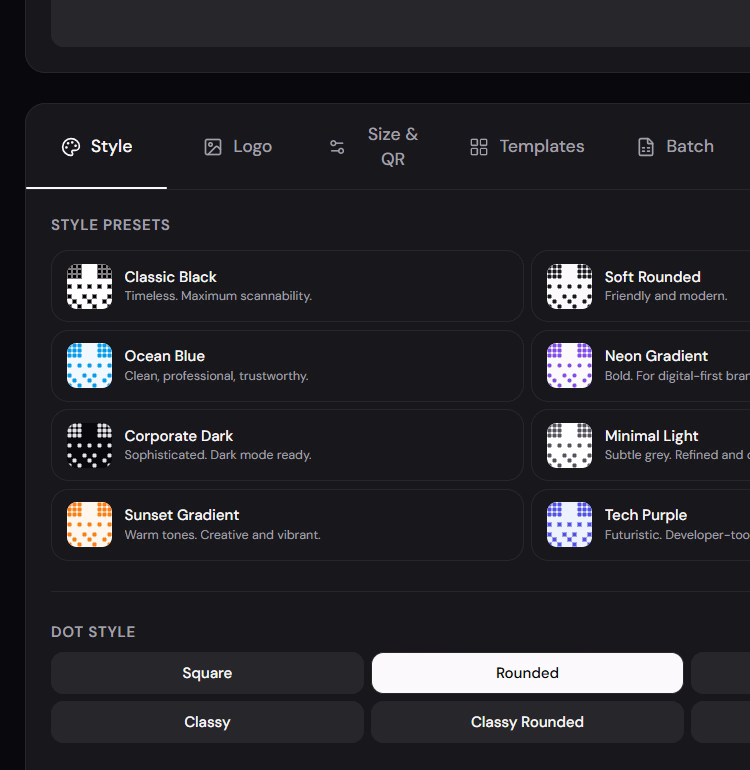 QR Forge style presets and QR shape customization controls