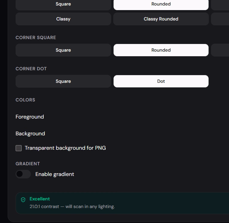 QR Forge foreground and background colors, transparency, gradient, and contrast status